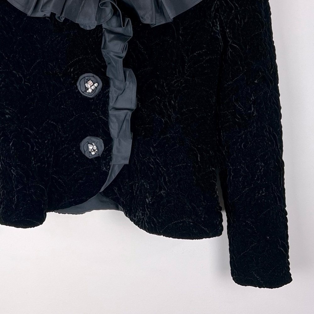 rickie freeman for Teri Jon Festive Quilted Velvet Satin Ruffle Black Top | 4 - Picture 3 of 10